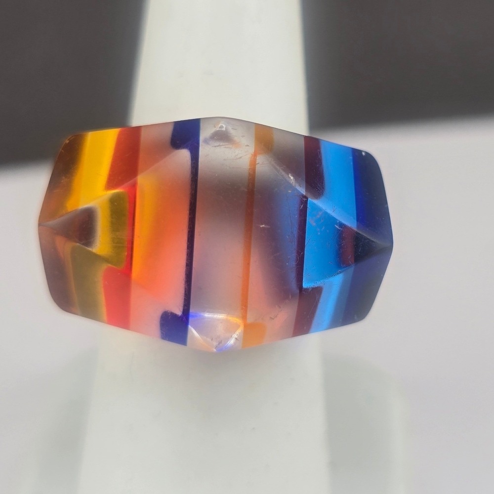 Vintage Estate Ring Multicolor Striped Lucite Geometric Chunky Pride Size 7